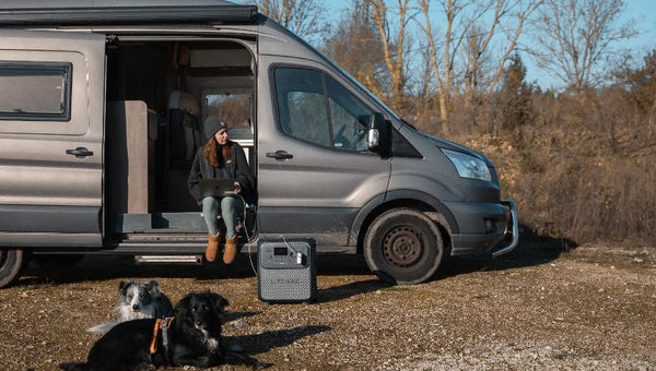 Autocaravana con estación BLUETTI y dos perros