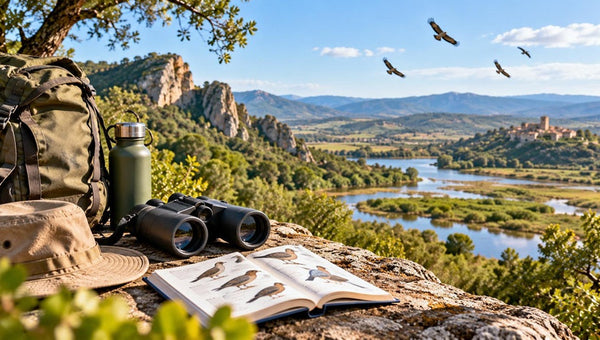 Prismáticos y guía de aves en un paisaje natural de España