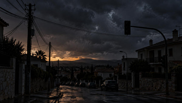 Calle residencial sin electricidad durante un apagón y una tormenta