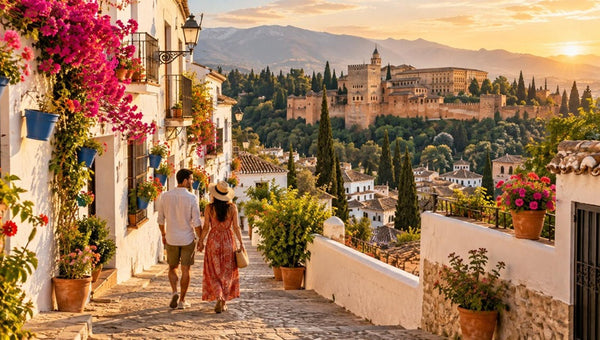 Pareja paseando por un pueblo andaluz al atardecer