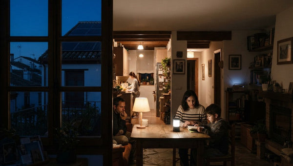 Familia en casa durante un apagón con generador solar