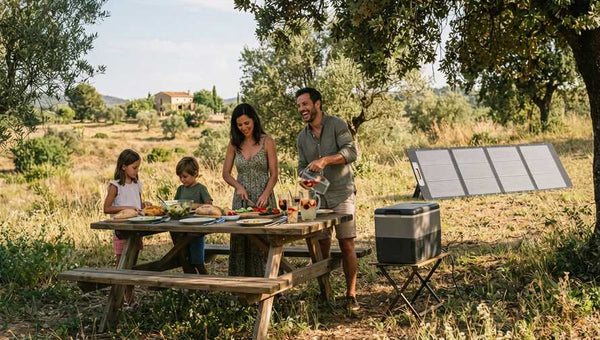 Picnic familiar con nevera solar en el campo