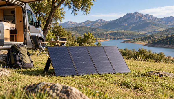 Paneles solares portátiles junto a una camper en montaña